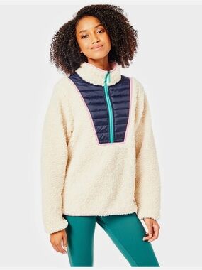 Addison Bay Cream Sherpa Pullover Jacket with Navy Quilted Front Sz. Small
